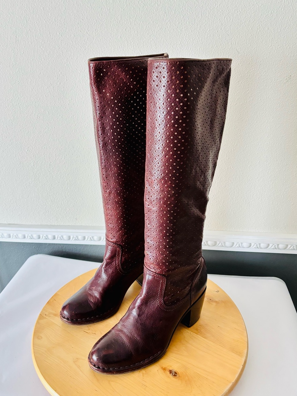 Frye Women's Lucinda Perforated Tall Leather Boots in Cognac Brown